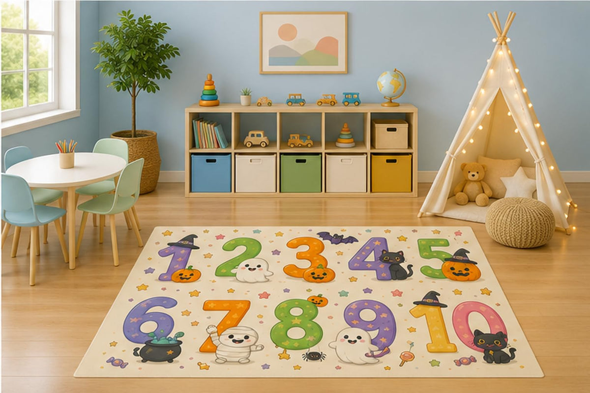 ICE ARMOR 5' x 7' Halloween Numbers Learning Kids Area Rug, Counting Ghost Pumpkin Black Cat Educational Playroom Nursery Classroom Decor, Non-Slip Silicone Backing Low Pile