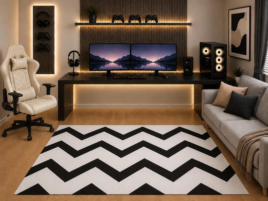 ICE ARMOR "Ultra Light Weight 5' x 7' Black White Chevron Area Rug Modern Geometric Zigzag Design for Bedroom Gaming Room Living Room Contemporary Decor Non-Slip Silicone Backing Low Pile