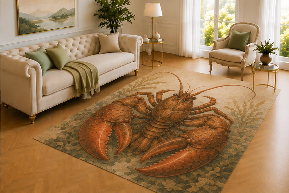 ICE ARMOR 5' x 7' Lobster Rug, Bold Crustacean with Coral and Pebble Details, Soft Printed Floor Cover for Living Room, Dining Area, Kitchen and Coastal Home Decor