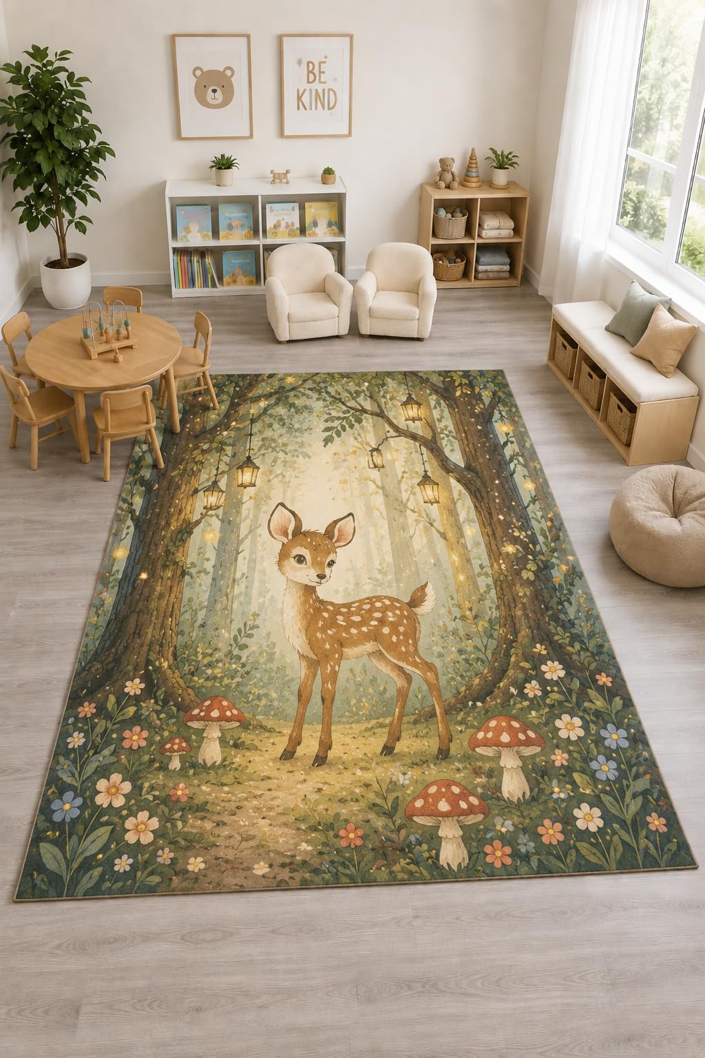 ICE ARMOR "Ultra Light Weight Large 6'7" x 9'10" Woodland Deer Mushroom Rug, Soft Low Pile Indoor Rug, Non-Slip Silicone Backing Nursery Kids Green
