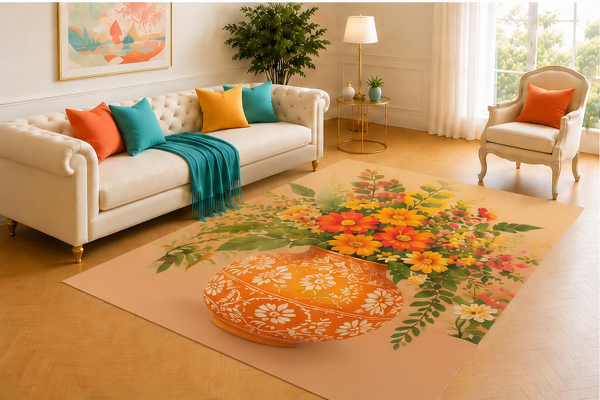 ICE ARMOR 5' x 7' Orange Folk Vase Rug, Red, Yellow and Coral Flowers with Green Foliage, Playful Bohemian Accent for Living Room, Bedroom, Studio or Entryway