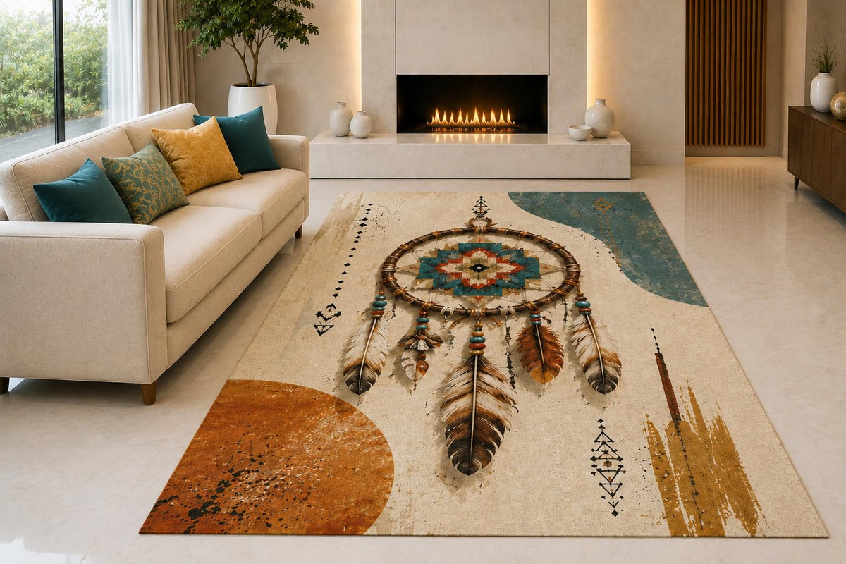 ICE ARMOR "Ultra Light Weight 5' x 7' Dreamcatcher Area Rug for Living Room, Bedroom and Home Office, Soft Low Pile Carpet with Non-Slip Silicone Backing, Teal and Terracotta