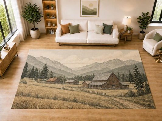 ICE ARMOR "Ultra Light Weight Large 6'7" x 9'10" Mountain Barn Meadow Area Rug for Dining, Living Room, Bedroom, Soft Low Pile Indoor Rug with Non-Slip Silicone Backing, Beige Gray