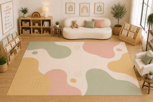 ICE ARMOR Large 6'7" x 9'10" Abstract Pastel Shapes Area Rug for for Kids Room, Classroom, Bedroom, Playroom Decor, Soft Low Pile Indoor Rug with Non-Slip Silicone Backing, Beige Multicolor