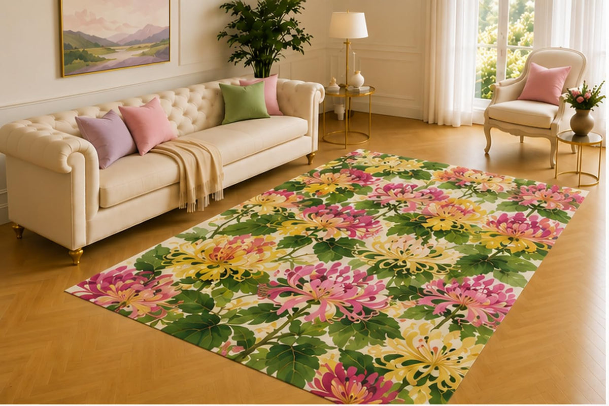 ICE ARMOR 5' x 7' Honeysuckle Vine Rug, Pink and Yellow Trumpet Blooms Twining Through Deep Green Leaves, Lively Embellishment for Dining Space, Mudroom or Alcove