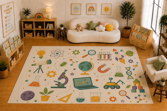 ICE ARMOR Large 6'7" x 9'10" Science STEM Learning Icons Area Rug for for Kids Room, Classroom, Bedroom, Playroom Decor, Soft Low Pile Indoor Rug with Non-Slip Silicone Backing, Cream Multicolor