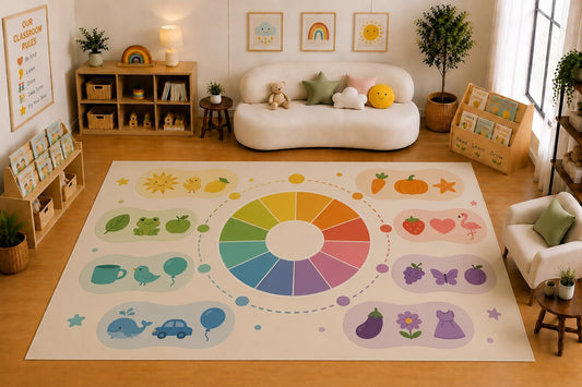 ICE ARMOR Large 6'7" x 9'10" Color Wheel Educational Learning Area Rug for for Kids Room, Classroom, Bedroom, Playroom Decor, Soft Low Pile Indoor Rug with Non-Slip Silicone Backing, Cream Multicolor