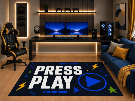 ICE ARMOR "Ultra Light Weight 5' x 7' Gamer Area Rug Press Play Typography Video Game Icon Art for Kids Teen Bedroom Gaming Room Playroom Non-Slip Silicone Backing Low Pile
