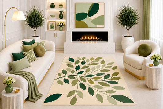 ICE ARMOR "Ultra Light Weight 5' x 7' Green Botanical Leaf Area Rug, Modern Nature Branch Design for Living Room Bedroom Dining Room Office, Non-Slip Silicone Backing Low Pile