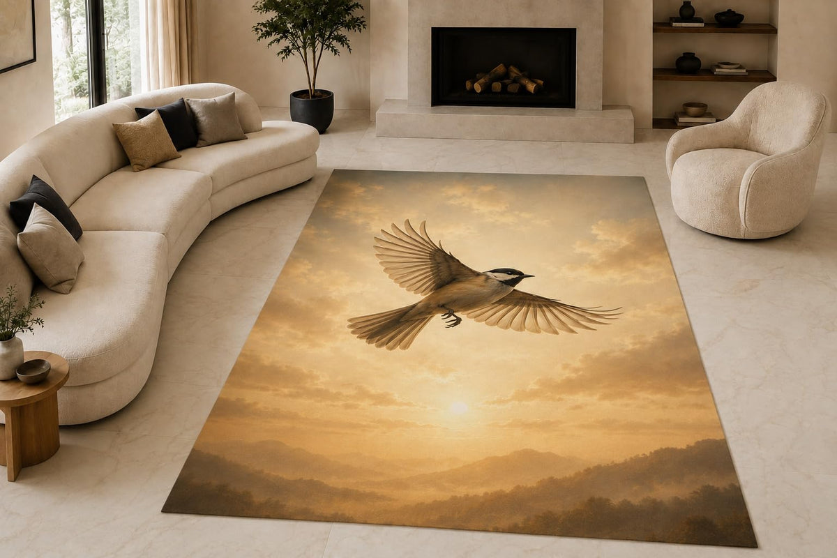 ICE ARMOR "Ultra Lightweight Large 6'7" x 9'10" Bird Flight Sunrise Area Rug for Living Room, Bedroom and Home Office, Soft Low Pile Carpet with Non-Slip Silicone Backing, Beige and Amber