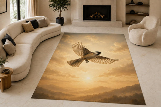 ICE ARMOR "Ultra Lightweight Large 6'7" x 9'10" Bird Flight Sunrise Area Rug for Living Room, Bedroom and Home Office, Soft Low Pile Carpet with Non-Slip Silicone Backing, Beige and Amber