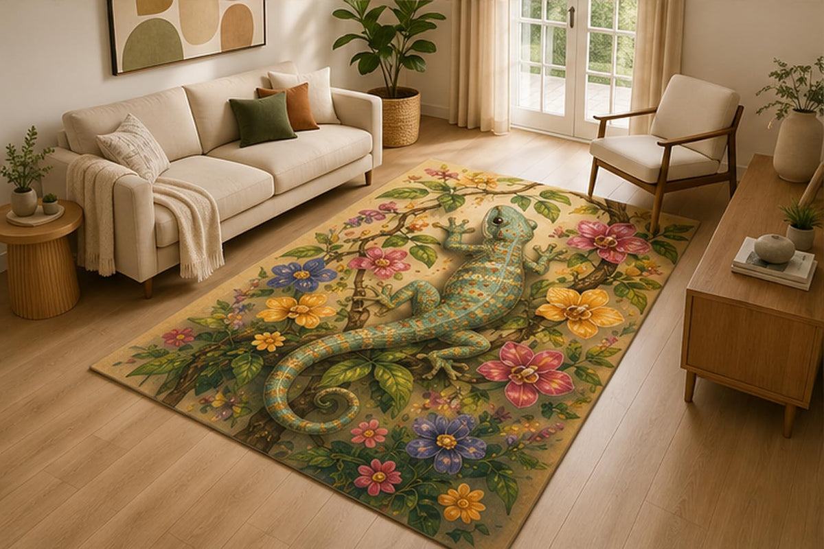 ICE ARMOR 5' x 7' Floral Gecko Vine Area Rug for Living Room, Soft Low Pile Indoor Rug with Non-Slip Silicone Backing, Tropical Reptile Nature Decor for Bedroom, Office, Family Room, Beige Green