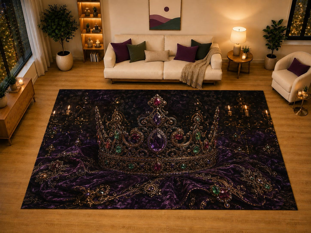 ICE ARMOR "Ultra Light Weight Large 6'7" x 9'10" Jeweled Crown Gothic Area Rug for Living Room Bedroom Dining Area, Soft Low Pile Non-Slip Backing, Purple Black Royal Victorian Decor