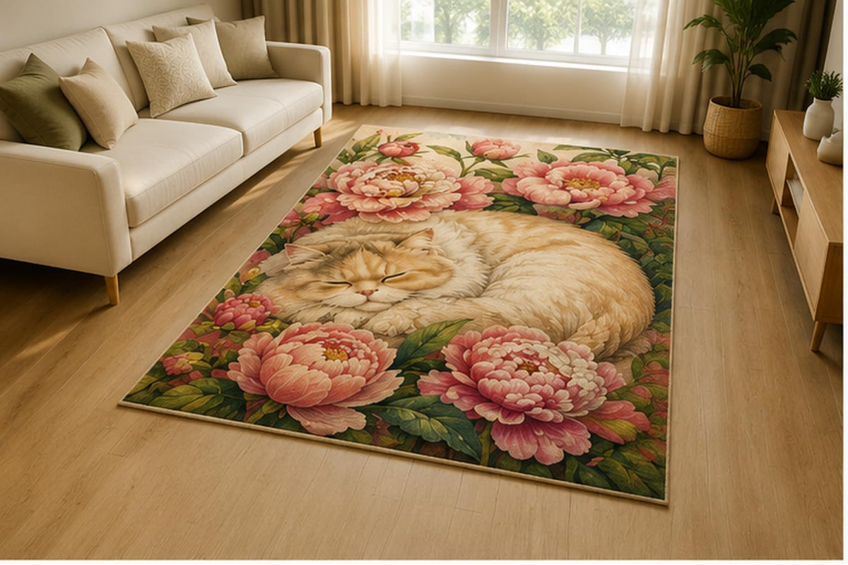 ICE ARMOR 5' x 7' Sleeping Cat Peony Garden Area Rug for Living Room, Soft Low Pile Indoor Rug with Non-Slip Silicone Backing, Cozy Decor for Bedroom, Nursery, Kids & Pets, Blush Pink Cream