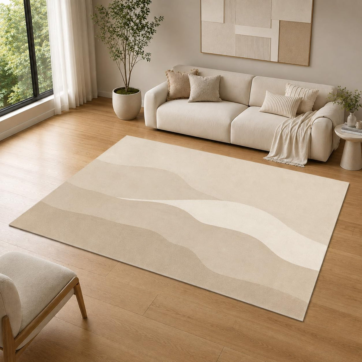 ICE ARMOR 5' x 7' Abstract Layered Wave Area Rug for Living Room, Soft Low Pile Indoor Rug with Non-Slip Silicone Backing, Decorative Carpet for Bedroom, Dining Room, Beige