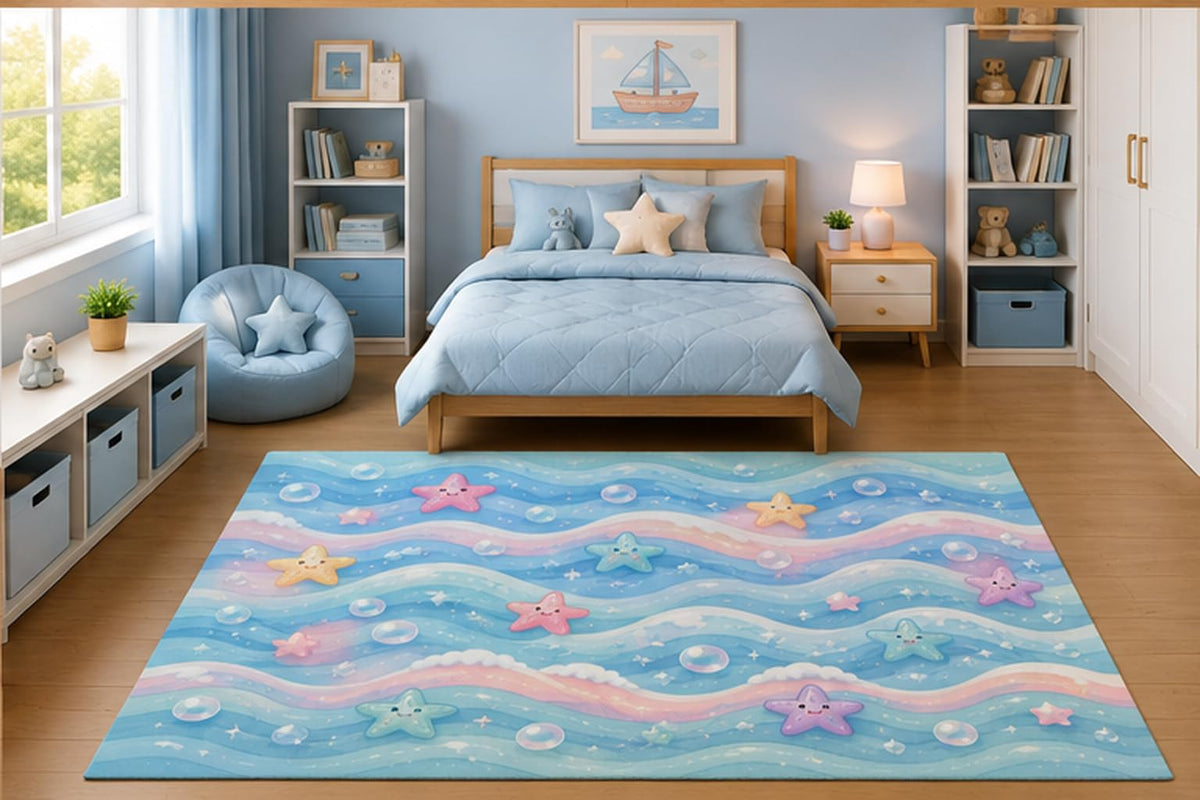 ICE ARMOR 5' x 7' Pastel Ocean Waves and Smiling Starfish Area Rug for Kids Bedroom Nursery Playroom Scandinavian Minimalist Coastal Beach Decor Non-Slip Silicone Backing Low Pile