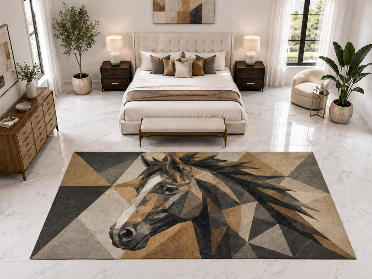 ICE ARMOR "Ultra Light Weight Large 6'7" x 9'10" Geometric Horse Head Rug, Soft Low Pile Indoor Rug, Non-Slip Silicone Backing for Bedroom Brown Gray