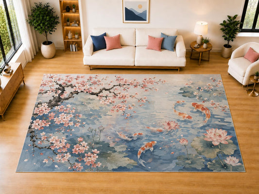 ICE ARMOR "Ultra Light Weight Large 6'7 x 9'10 Koi Pond Cherry Blossom Area Rug for Living Room, Dining Room, and Bedroom, Soft Low Pile Indoor Rug, Tranquil Floor Decor