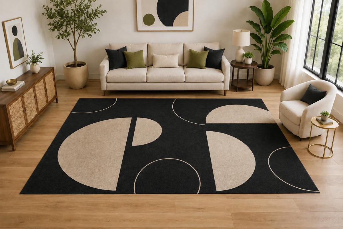 ICE ARMOR Large 6'7" x 9'10" Modern Semicircle Geometric Area Rug for for Bedroom, Living Room, Soft Low Pile Indoor Rug with Non-Slip Silicone Backing, Black Ivory