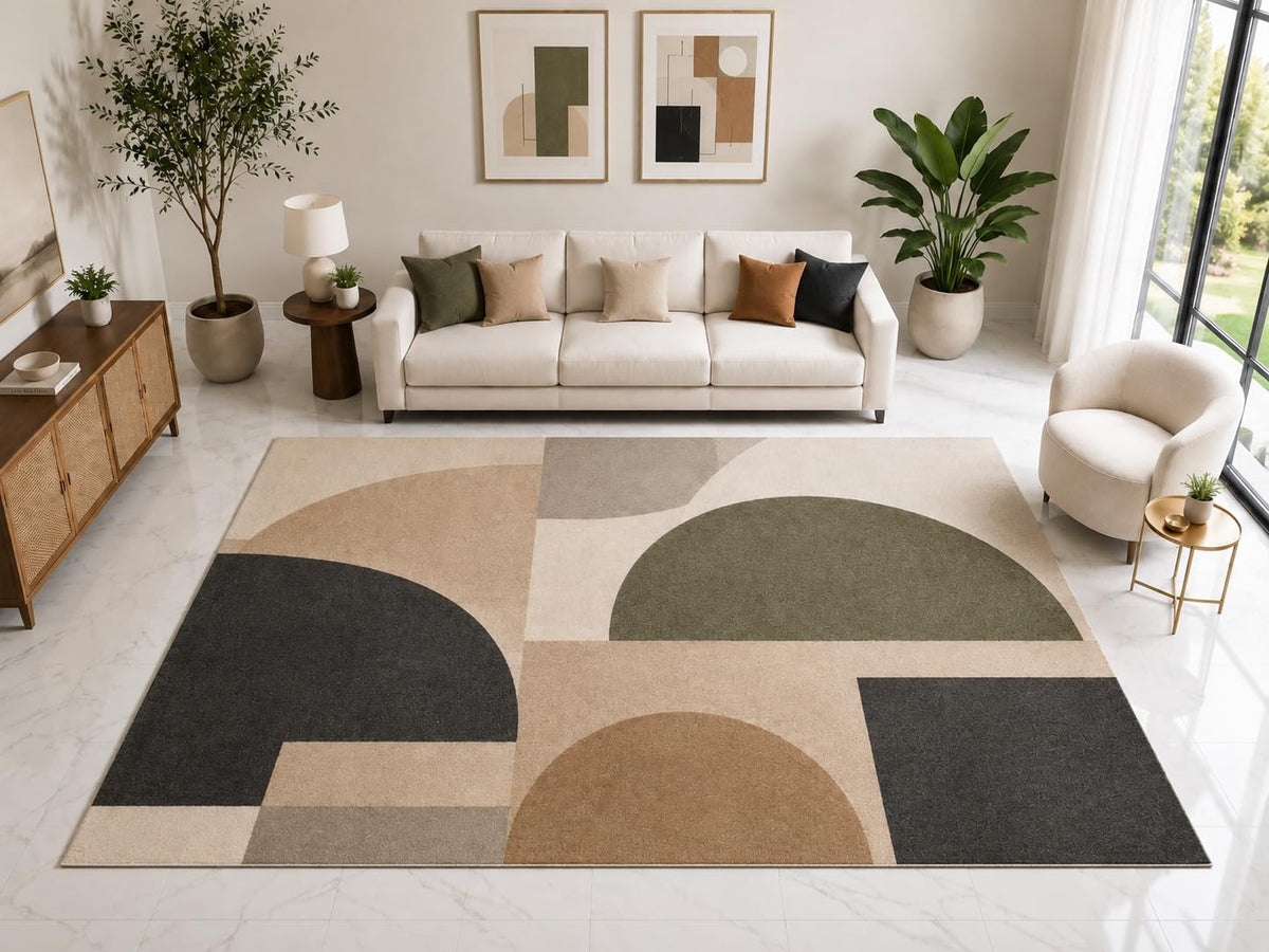 ICE ARMOR "Ultra Light Weight Large 6'7" x 9'10" Modern Arch Block Rug, Soft Low Pile Indoor Rug, Non-Slip Silicone Backing for Living Room Beige
