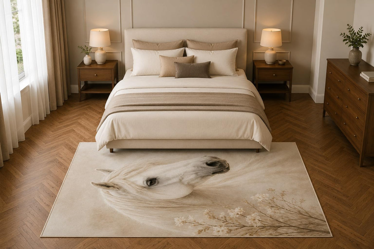 ICE ARMOR 5' x 7' White Horse Area Rug, Elegant Equestrian Animal Floral Living Room Bedroom Decor, Non-Slip Silicone Backing Low Pile Carpet