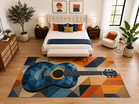 ICE ARMOR "Ultra Light Weight Large 6'7" x 9'10" Blue Geometric Guitar Rug, Soft Low Pile Indoor Rug, Non-Slip Silicone Backing for Bedroom Blue