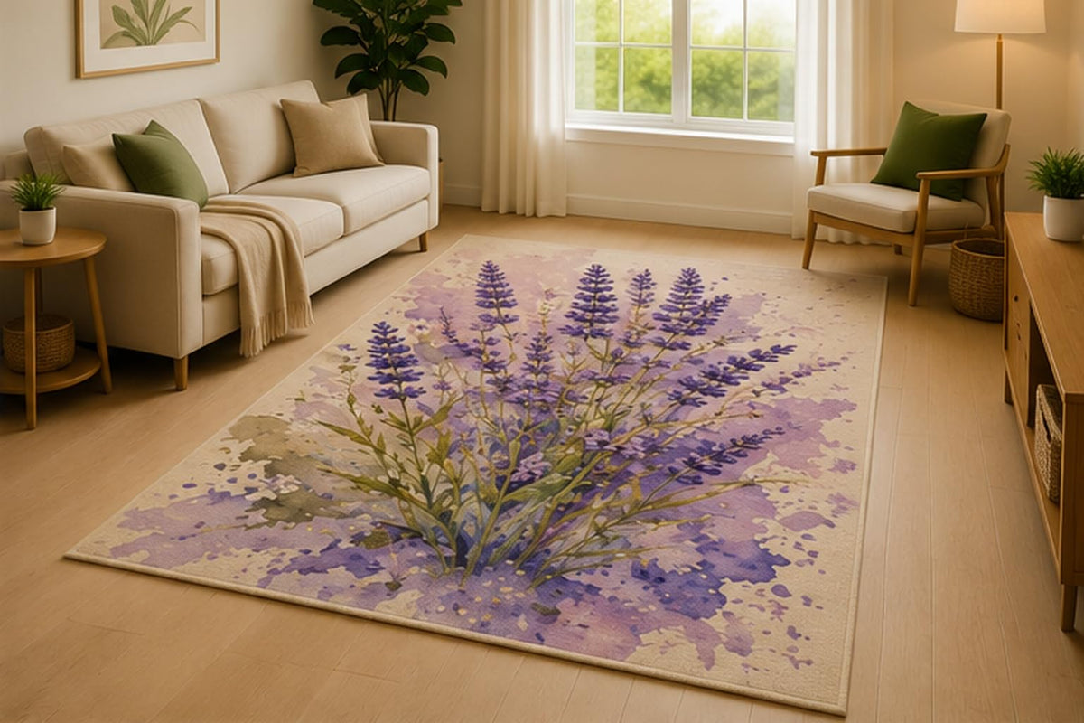 ICE ARMOR 5' x 7' Watercolor Lavender Bouquet Area Rug for Living Room, Soft Low Pile Indoor Rug with Non-Slip Silicone Backing, Bedroom, Office, Purple Cream