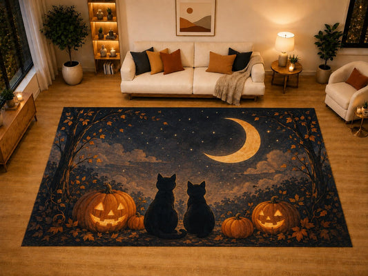 ICE ARMOR "Ultra Light Weight Large 6'7" x 9'10" Black Cats Crescent Moon Area Rug for Living Room Bedroom, Soft Low Pile Non-Slip Backing, Black Orange Pumpkin Halloween Decor