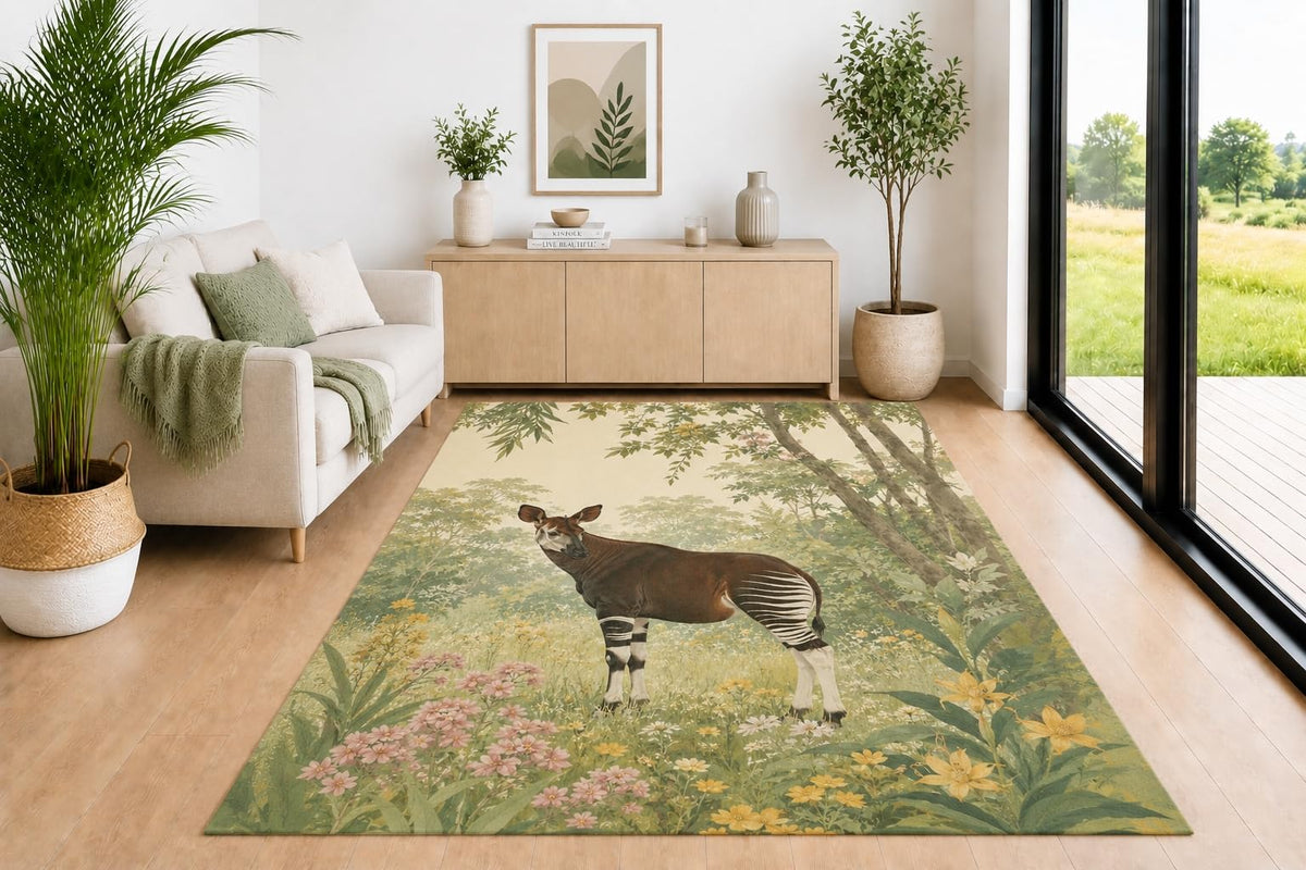 ICE ARMOR 5' x 7' Okapi Forest Area Rug for Living Room, Soft Low Pile Indoor Rug with Non-Slip Backing, Wildlife Carpet for Bedroom, Dining Room, Office, Green Brown