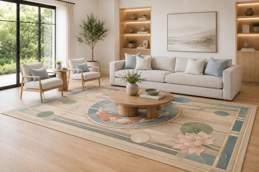 ICE ARMOR Large 6'7" x 9'10" Dusty Blue, Sage Green and Blush Koi Lotus Geometric Area Rug for Living Room, Soft Low Pile Carpet with Non-Slip Silicone Backing, Decor for Bedroom and Home Office