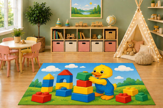 ICE ARMOR 5' x 7' Duck Building Blocks Area Rug, Educational Blocks Learning Cartoon Kids Playroom Nursery Classroom Decor, Non-Slip Silicone Backing Low Pile