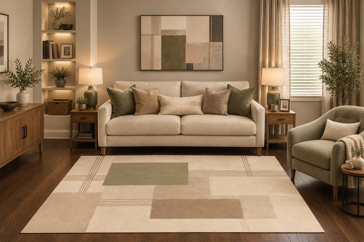 ICE ARMOR 5' x 7' Modern Minimalist Grid Area Rug Neutral Geometric Living Room Bedroom Dining Room Home Decor Carpet Non-Slip Silicone Backing Low Pile