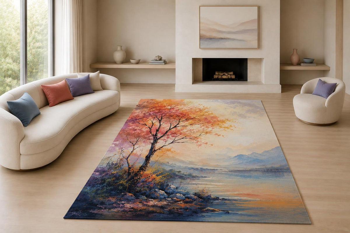 ICE ARMOR "Ultra Lightweight Large 6'7" x 9'10" Pastel Lakeside Tree Area Rug for Living Room, Bedroom and Home Office, Soft Low Pile Carpet with Non-Slip Silicone Backing, Blue and Orange