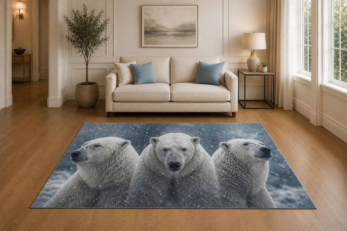 ICE ARMOR "Ultra Light Weight 5' x 7' Polar Bear Guardians Area Rug for Living Room, Bedroom and Home Office, Soft Low Pile Carpet with Non-Slip Silicone Backing, White and Navy