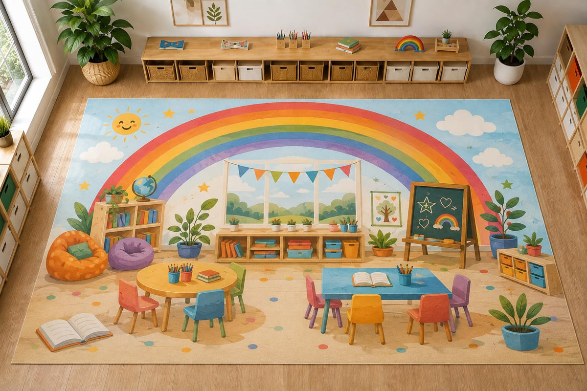 ICE ARMOR Large 6'7" x 9'10" Rainbow Classroom Area Rug, Soft Low Pile Indoor Rug with Non-Slip Silicone Backing for Nursery Kids Room Playroom, Blue