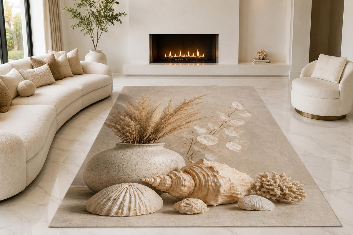 ICE ARMOR "Ultra Lightweight Large 6'7" x 9'10" Coastal Shell Decor Area Rug for Living Room, Bedroom and Home Office, Soft Low Pile Carpet with Non-Slip Silicone Backing, Beige and Cream