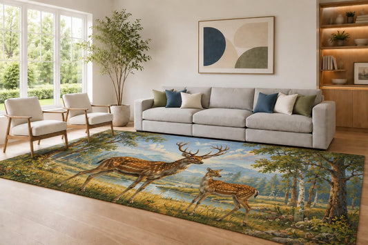 ICE ARMOR Large 6'7" x 9'10" Blue and Brown Deer Pair Area Rug for Living Room, Soft Low Pile Carpet with Non-Slip Silicone Backing, Decor for Bedroom Dining Room and Home Office