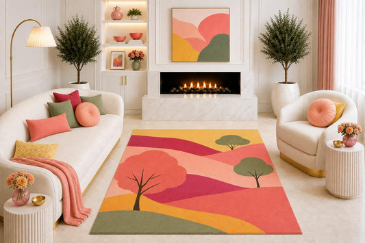 ICE ARMOR "Ultra Light Weight 5' x 7' Coral Pink Mustard Landscape Area Rug, Mid Century Modern Hills and Trees Design for Living Room Bedroom, Non-Slip Silicone Backing Low Pile