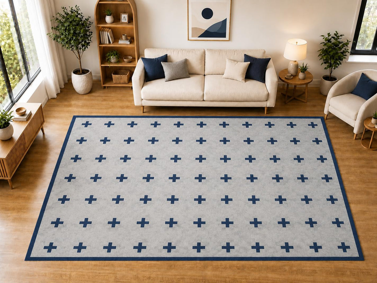 ICE ARMOR "Ultra Light Weight Large 6'7 x 9'10 Navy Cross Pattern Area Rug for Living Room Bedroom Dining Room Soft Low Pile Indoor Carpet Modern Geometric Floor Decor