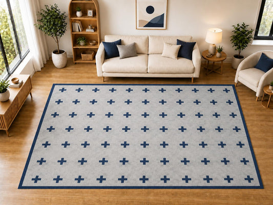 ICE ARMOR "Ultra Light Weight Large 6'7 x 9'10 Navy Cross Pattern Area Rug for Living Room Bedroom Dining Room Soft Low Pile Indoor Carpet Modern Geometric Floor Decor