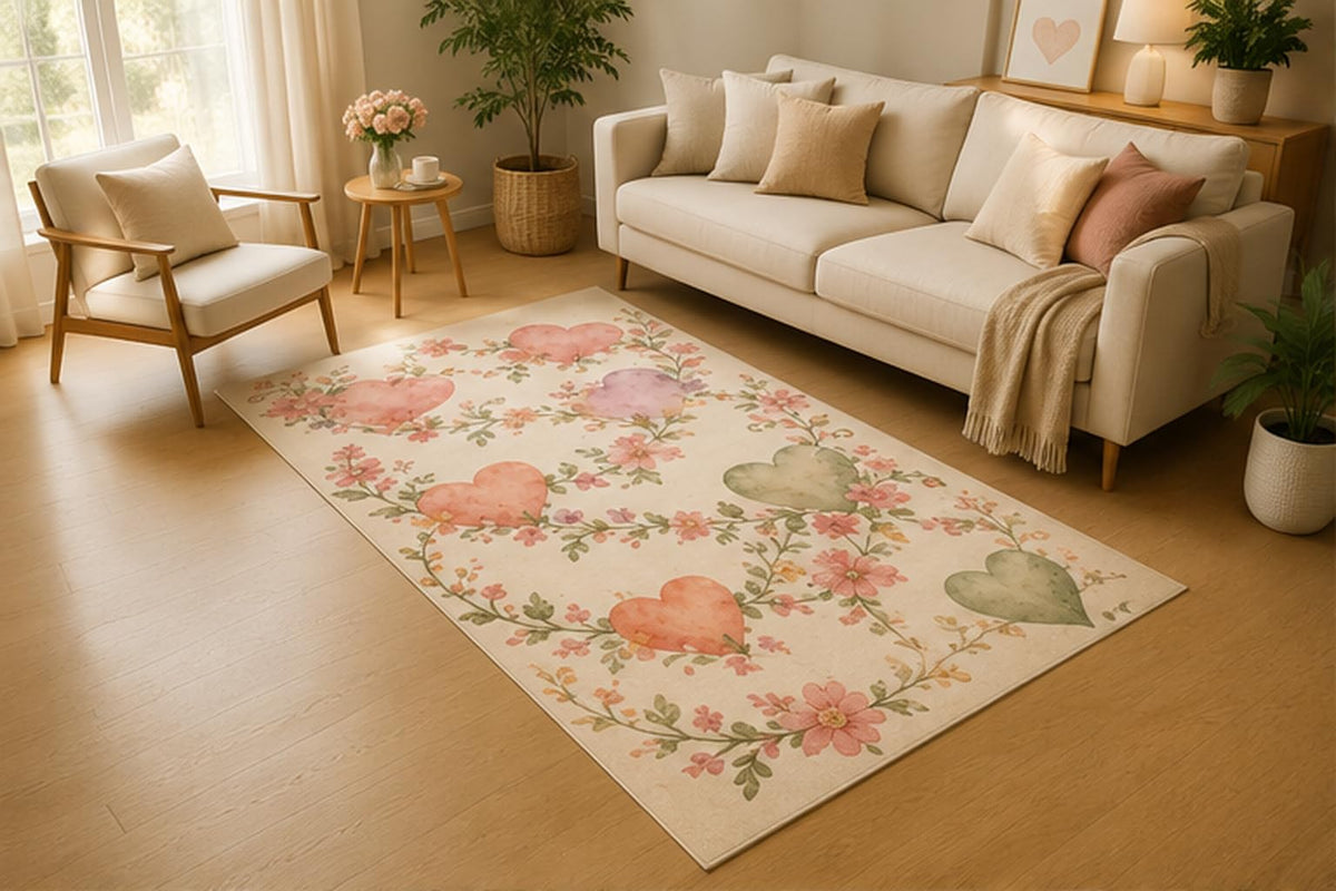 ICE ARMOR 5' x 7' Pastel Heart Floral Vine Area Rug, Soft Low Pile Indoor Rug with Non-Slip Silicone Backing for Living Room, Bedroom, Nursery, Kids Room, Kids & Pets, Pink Green Cream
