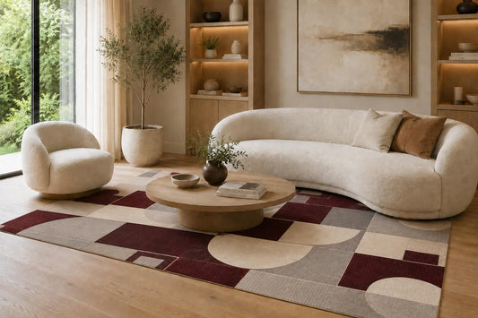 ICE ARMOR 6'7" x 9'10" Burgundy and Cream Abstract Block Shapes Area Rug for Living Room, Soft Low Pile Carpet with Non-Slip Silicone Backing, Floor Decor for Bedroom, Dining Area and Home Office
