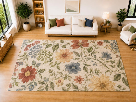 ICE ARMOR "Ultra Light Weight Large 6'7 x 9'10 Vintage Botanical Flowers Area Rug for Living Room, Dining Room, and Bedroom, Soft Low Pile Indoor Rug, Cottage Floor Decor