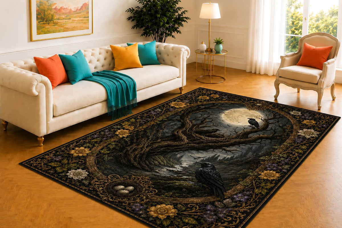 ICE ARMOR 5' x 7' Raven Hollow Rug, Twisted Tree and Moonlit Nest Scene, Smooth Printed Floor Cover for Library, Office, Lounge and Mystical Home Decor