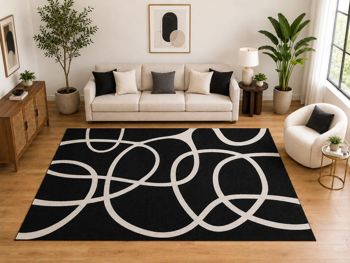ICE ARMOR Large 6'7" x 9'10" Abstract Loop Line Area Rug for for Bedroom, Living Room, Soft Low Pile Indoor Rug with Non-Slip Silicone Backing, Black Ivory