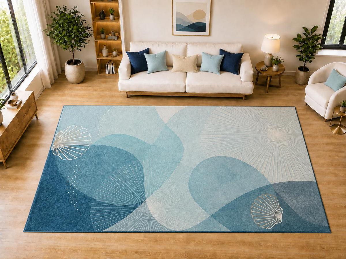 ICE ARMOR "Ultra Light Weight Large 6'7" x 9'10" Seashell Abstract Area Rug for Dining, Living Room, Bedroom, Soft Low Pile Indoor Rug with Non-Slip Silicone Backing, Blue Beige
