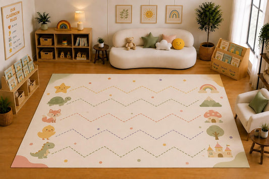 ICE ARMOR Large 6'7" x 9'10" Animal Tracing Lines Activity Area Rug for for Kids Room, Classroom, Bedroom, Playroom Decor, Soft Low Pile Indoor Rug with Non-Slip Silicone Backing, Pastel Multicolor