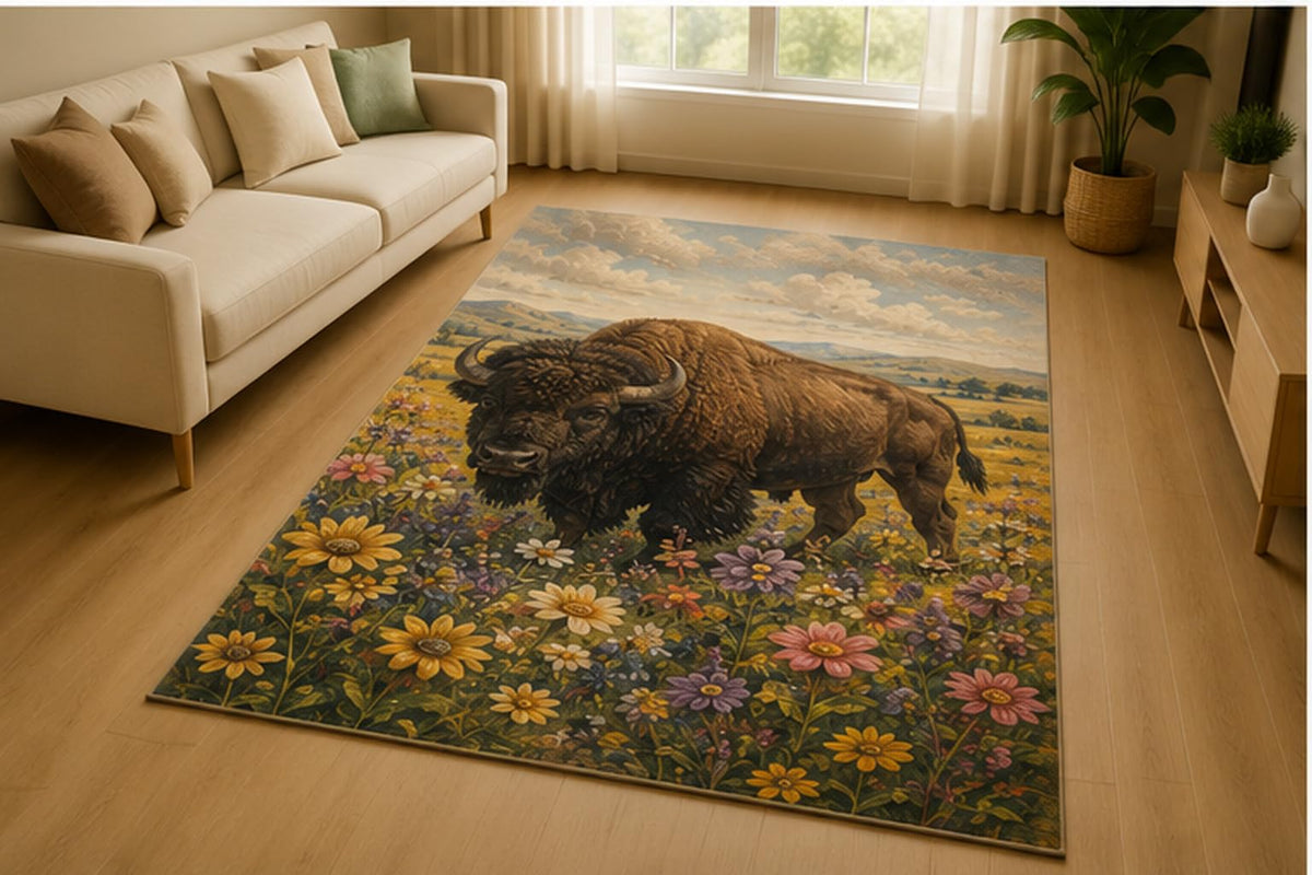 ICE ARMOR 5' x 7' American Bison Wildflower Meadow Area Rug for Living Room, Soft Low Pile Indoor Rug with Non-Slip Silicone Backing, Rustic Wildlife Decor for Bedroom, Office, Family Room, Brown