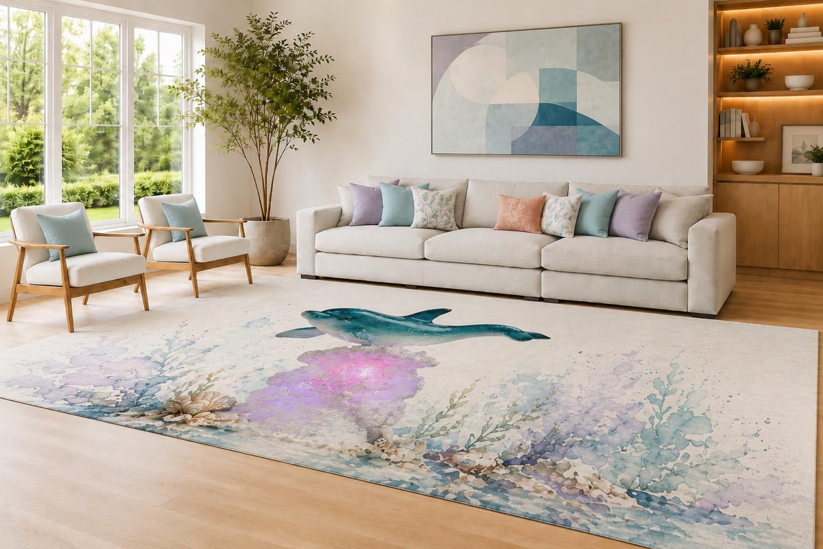 ICE ARMOR Large 6'7" x 9'10" Aqua and Lavender Coral Dolphin Area Rug for Living Room, Soft Low Pile Carpet with Non-Slip Silicone Backing, Decor for Bedroom and Home Office