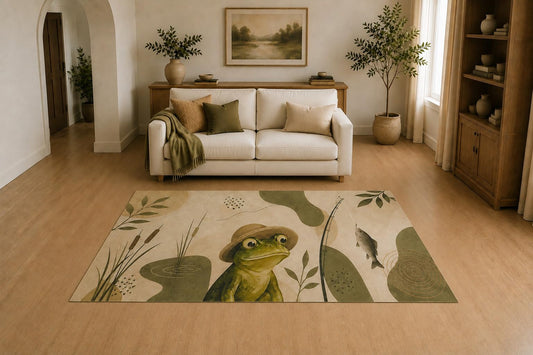 ICE ARMOR "Ultra Light Weight 5' x 7' Curious Frog Garden Area Rug for Living Room, Bedroom and Home Office, Soft Low Pile Carpet with Non-Slip Silicone Backing, Green and Beige